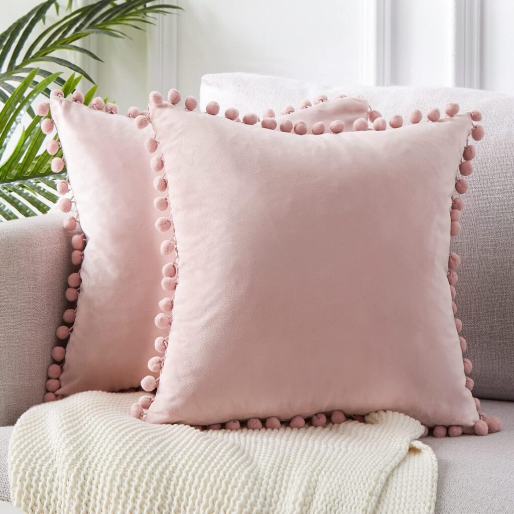 blush pink velvet pillow covers with pompoms 18x18 decorative cushion covers set of 2