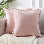 blush pink velvet pillow covers with pompoms 18x18 decorative cushion covers set of 2