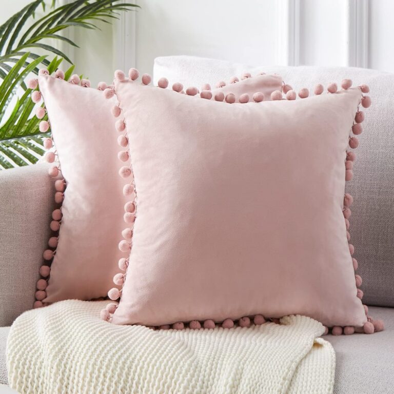 blush pink velvet pillow covers with pompoms 18x18 decorative cushion covers set of 2