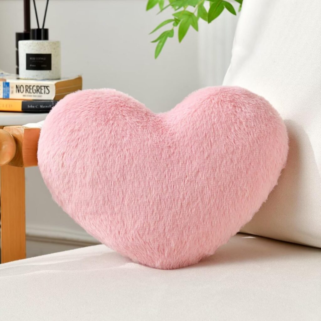 dusty pink heart shaped faux rabbit fur pillow small decorative cushion 13x10