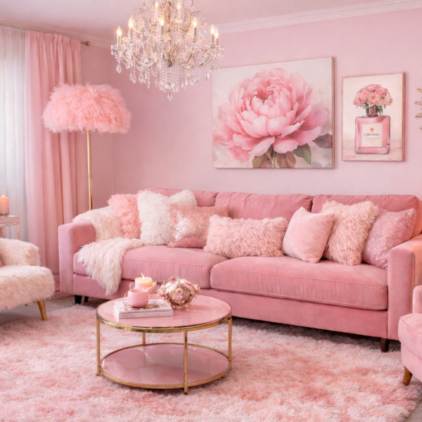 Soft pink living room with velvet sofa, fluffy pillows, chandelier, and gold accents in a feminine aesthetic design