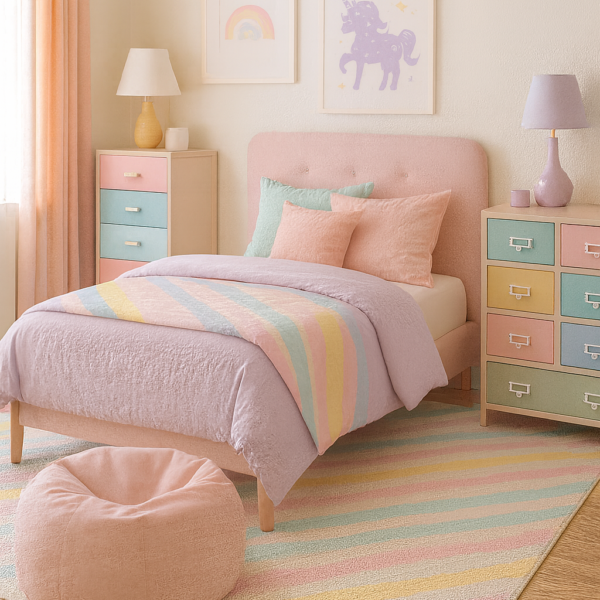 Pastel pink bedroom with rainbow bedding, colorful drawers, and soft feminine decor