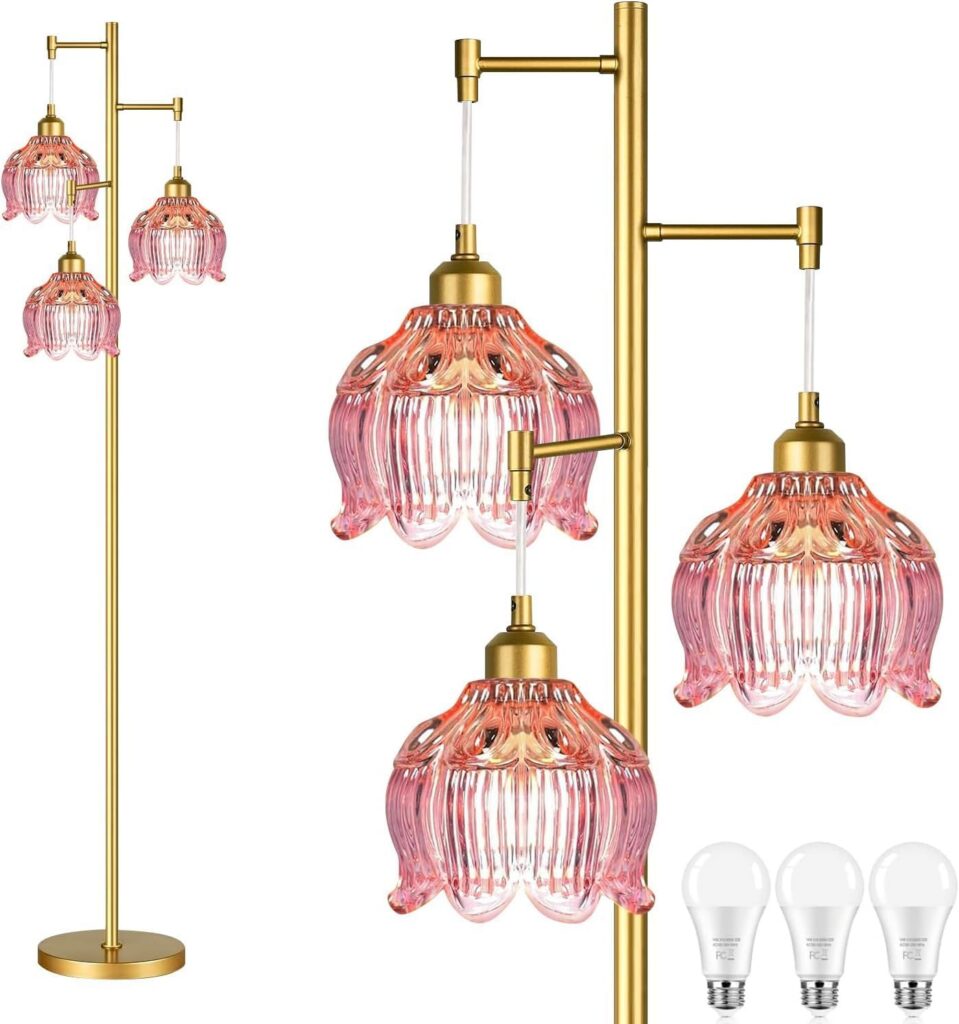 gold flower floor lamp with pink glass shades 3 light adjustable standing lamp