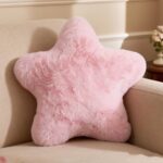light pink star shaped faux rabbit fur pillow decorative plush cushion 14x14