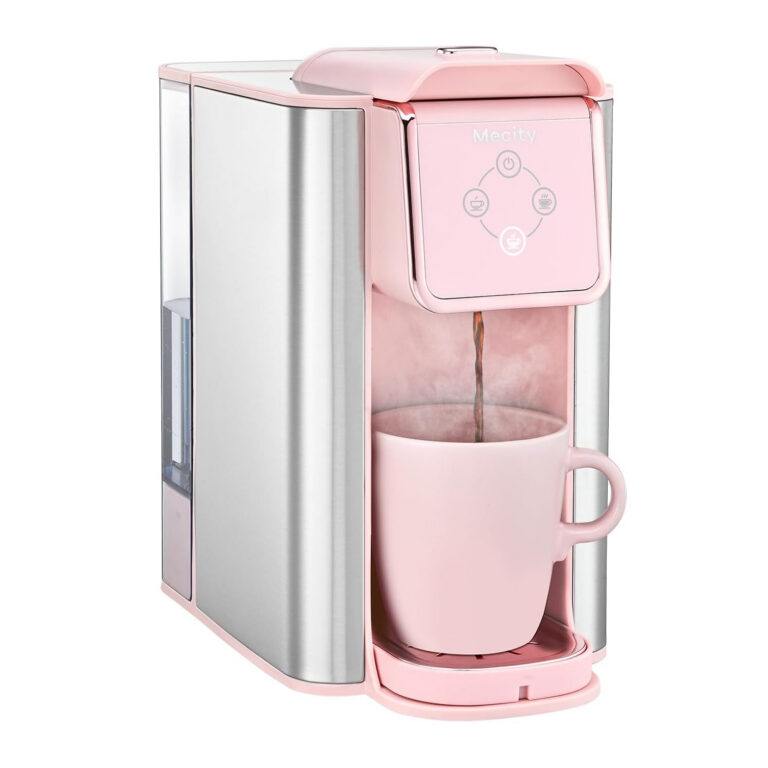 pink single serve coffee maker with removable water reservoir