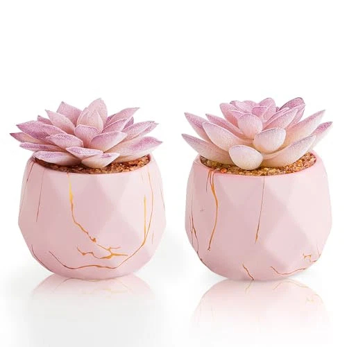 pink artificial succulent plants in ceramic pots set of 2 small desk decor
