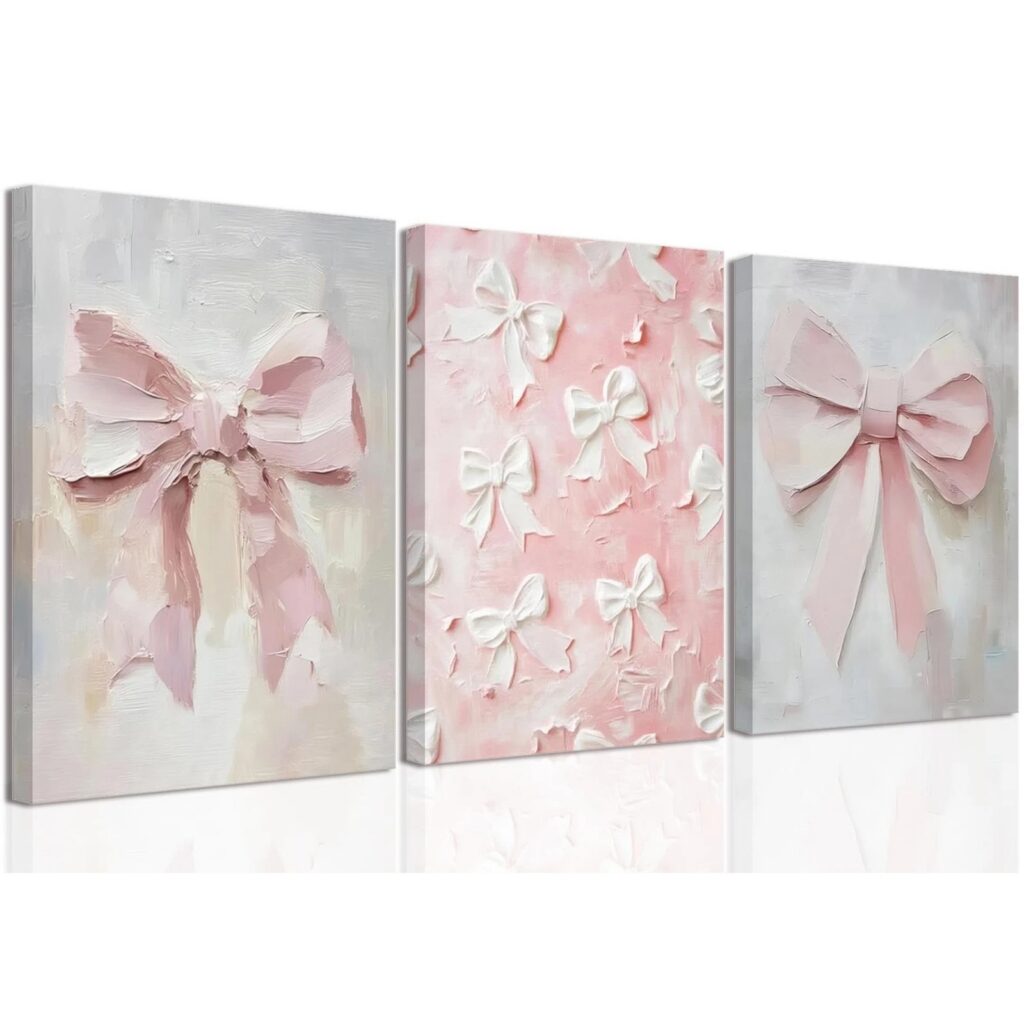 pink bow canvas wall art set of 3 framed coquette wall decor