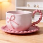 pink bow coffee mug with saucer 12oz porcelain coquette tea cup
