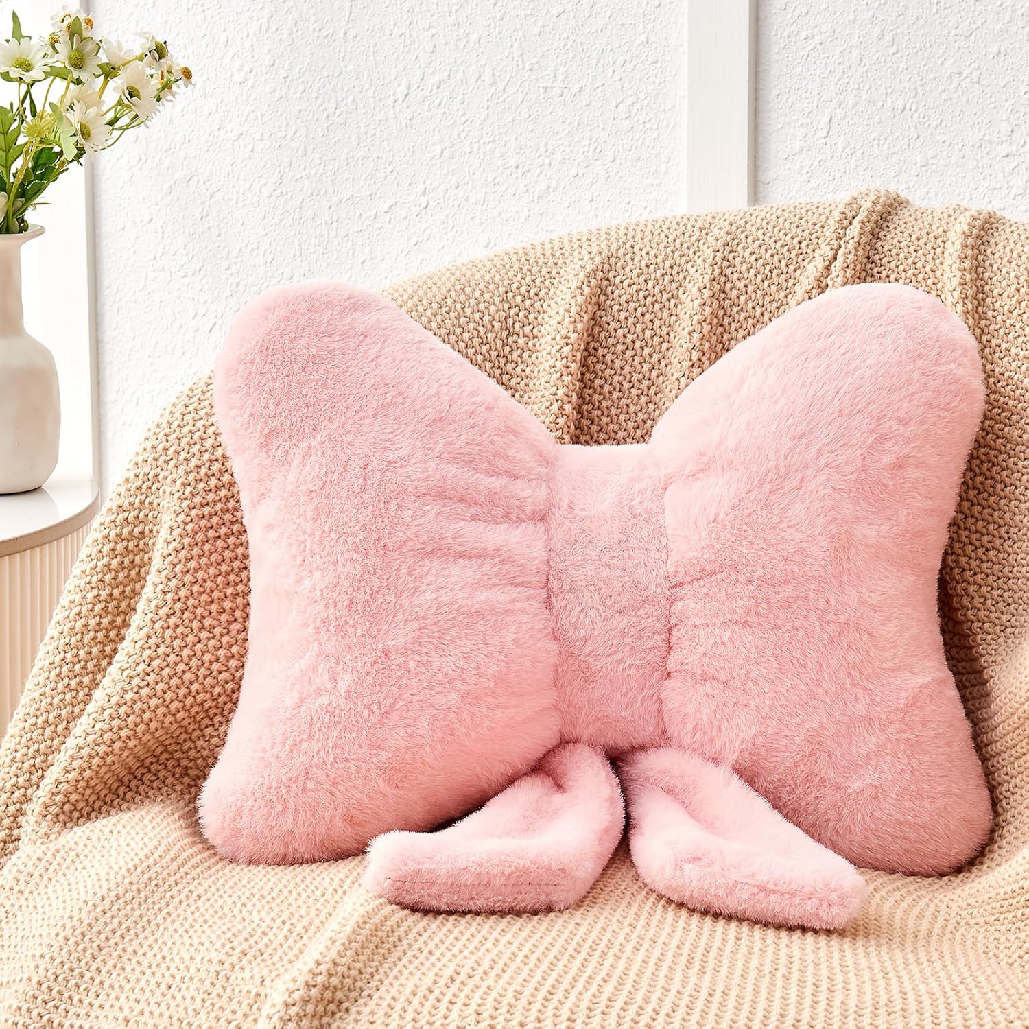 pink-bow-pillow-faux-rabbit-fur-large pink bow shaped pillow faux rabbit fur plush decorative cushion large