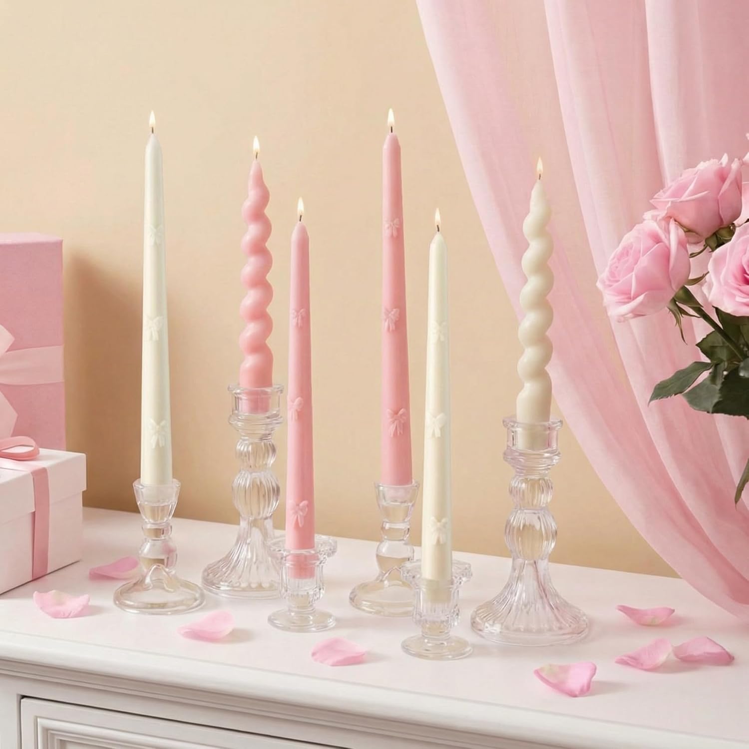 pink-bow-taper-candles-coquette-set-6 pink bow taper candles coquette twisted candlesticks 3d embossed set of 6