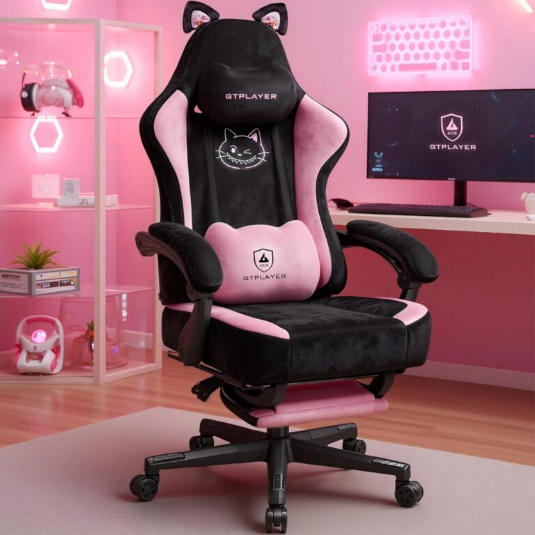 pink gaming chair with cat ears velvet ergonomic reclining chair with footrest