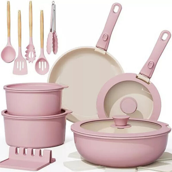 pink ceramic nonstick cookware set with detachable handles