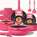 pink nonstick cookware set detachable handle 15 piece induction pots and pans