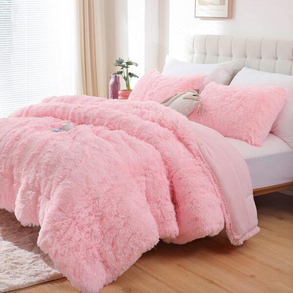 pink faux fur fluffy comforter set queen size 3 piece shaggy bedding