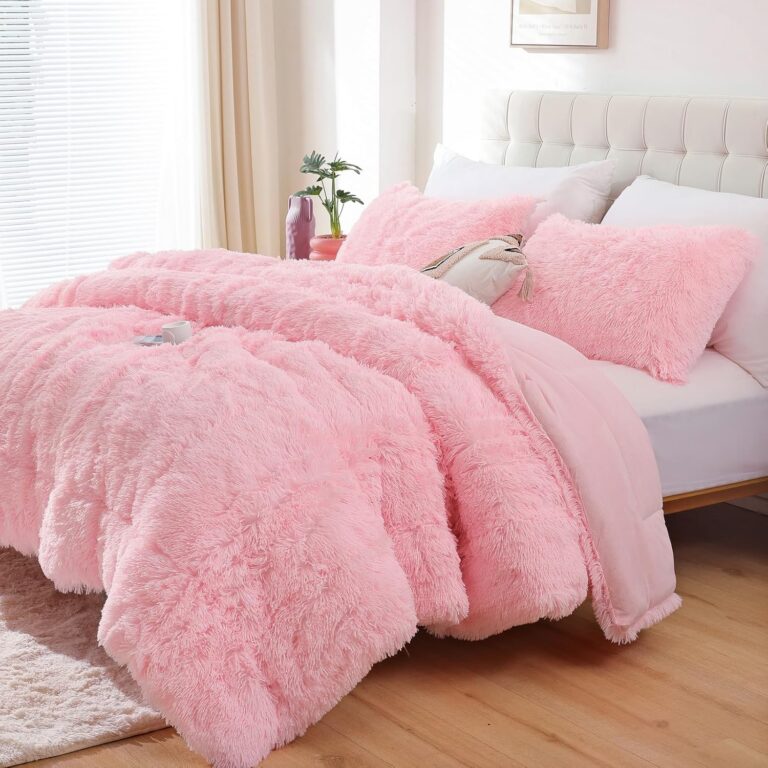 pink faux fur fluffy comforter set queen size 3 piece shaggy bedding