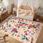 pink floral area rug low pile non slip washable carpet