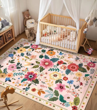 pink floral area rug low pile non slip washable carpet