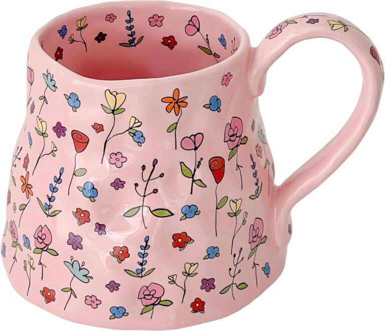 pink floral ceramic mug 20oz large cute irregular coffee cup with handle