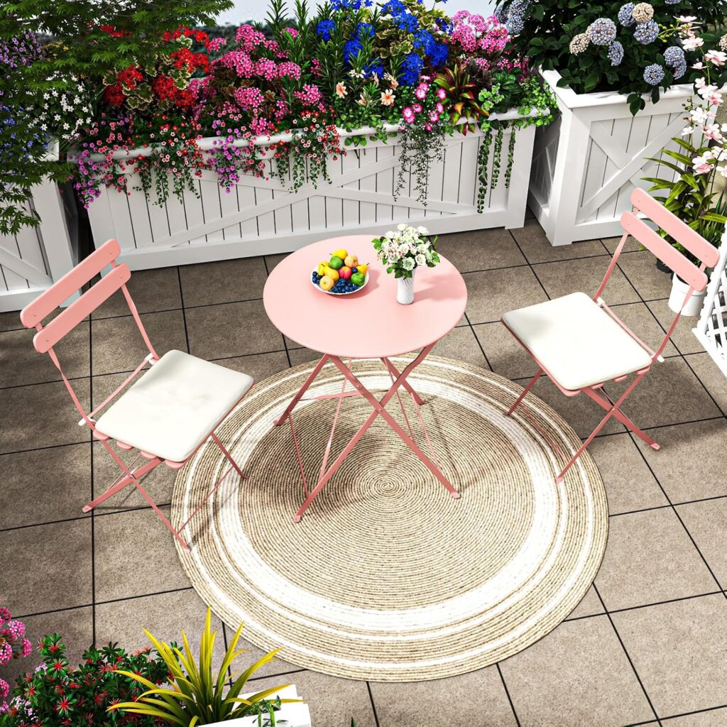 pink folding patio bistro set with cushions steel table and chairs set