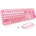 pink heart wireless keyboard and mouse combo retro round keys full size