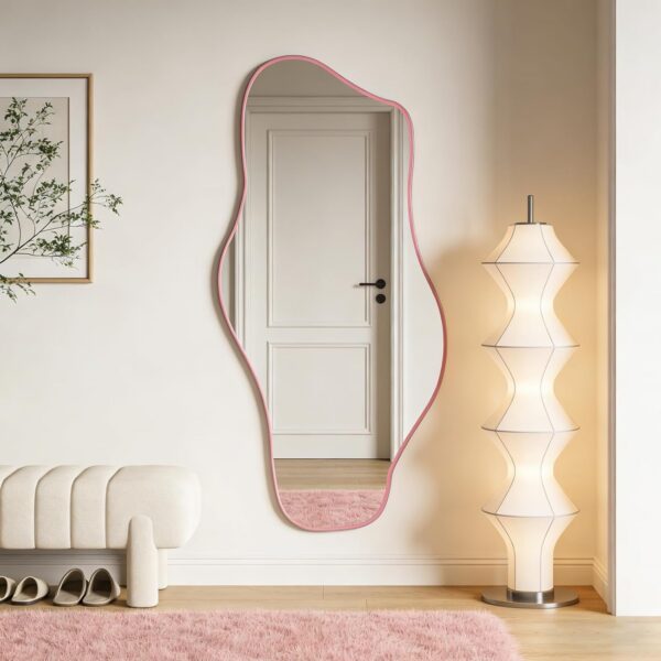 pink irregular frameless wall mirror asymmetrical modern organic mirror 47x24