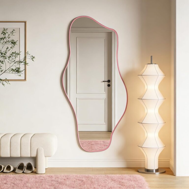 pink irregular frameless wall mirror asymmetrical modern organic mirror 47x24
