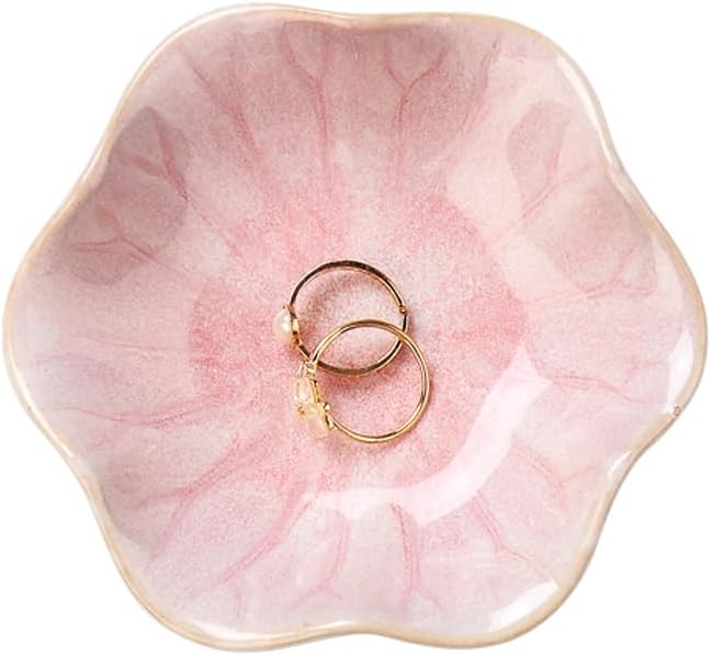 pink lotus leaf ceramic jewelry tray small ring dish gold edge