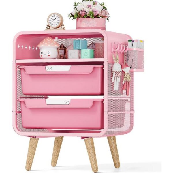 Pink metal nightstand with drawers, side storage basket, and wooden legs