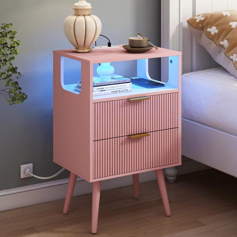 pink nightstand with led lights and charging station 2 drawer bedside table