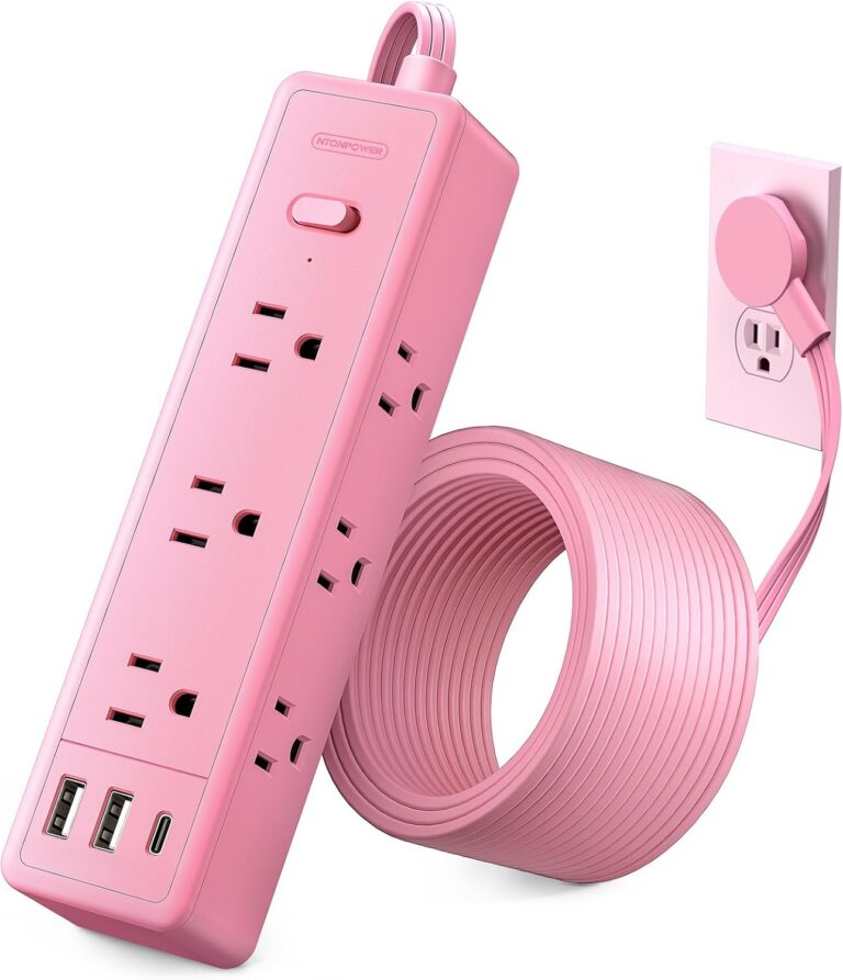pink power strip with 9 outlets and 3 usb ports flat plug extension cord