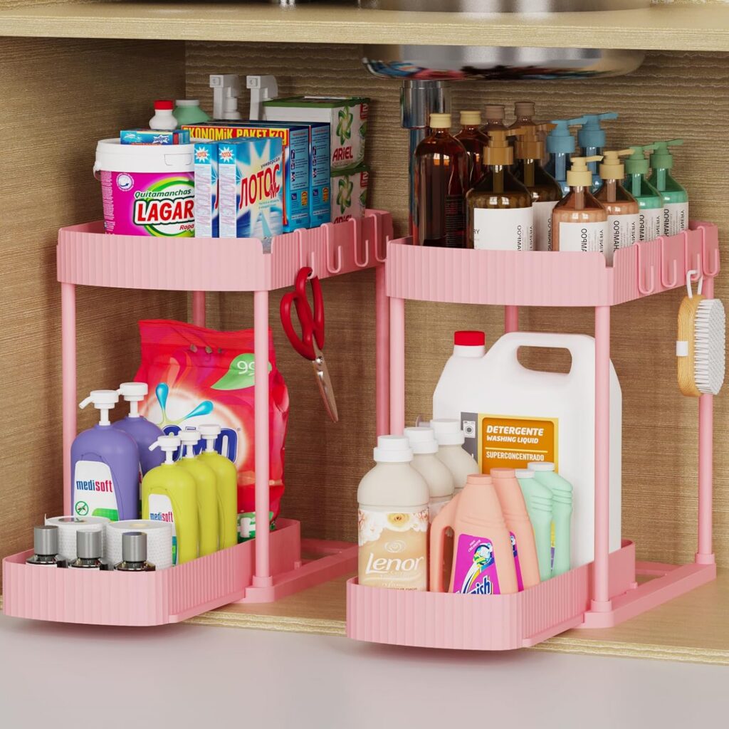 pink pull out under sink storage organizers 2 pack metal plastic cabinet organizer