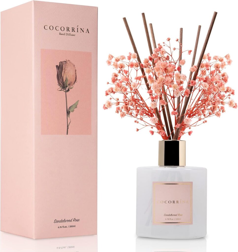 pink reed diffuser sandalwood rose fragrance oil with baby's breath and cotton sticks