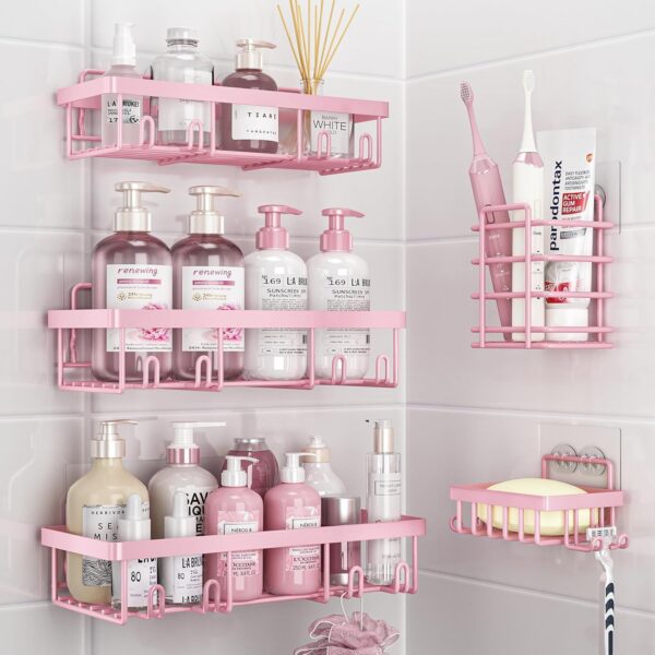 pink shower caddy organizer set 5 pack adhesive stainless steel bathroom shelves