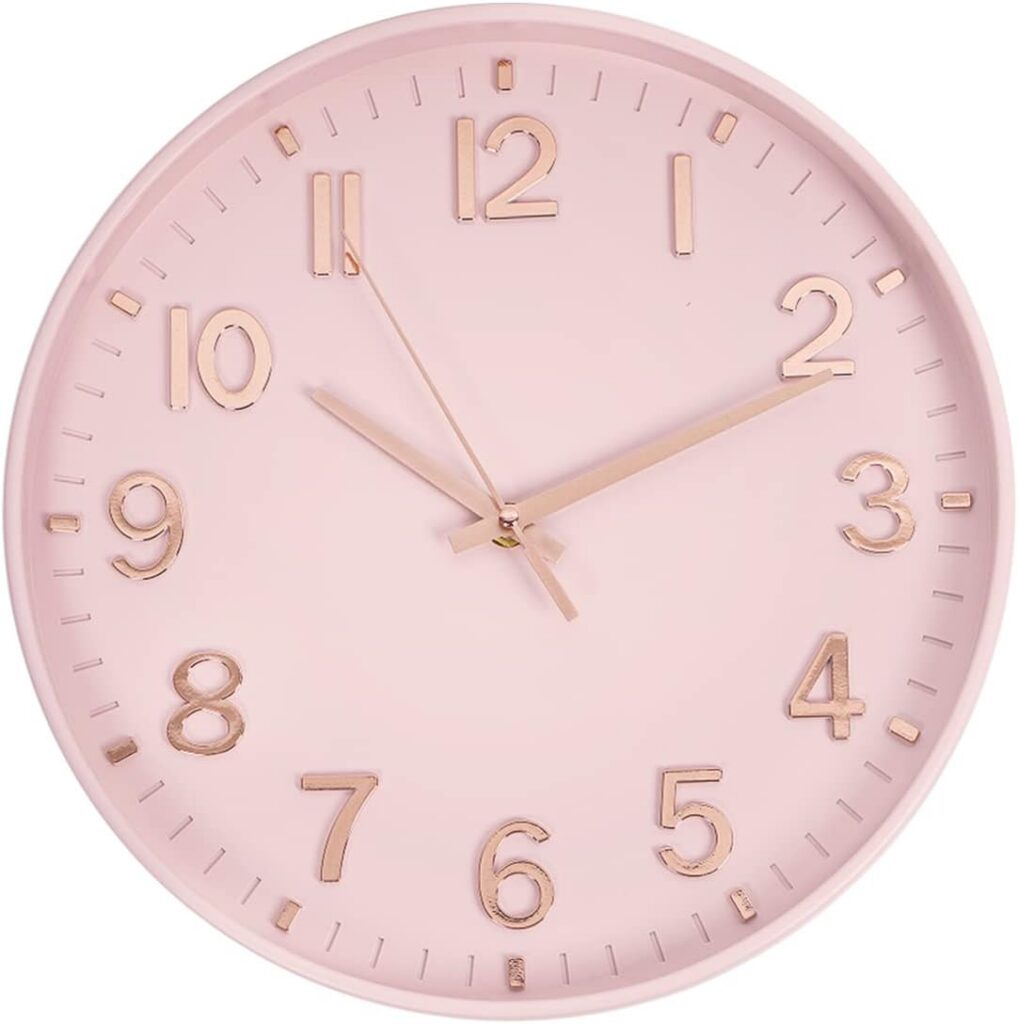 pink silent non ticking wall clock battery operated round design