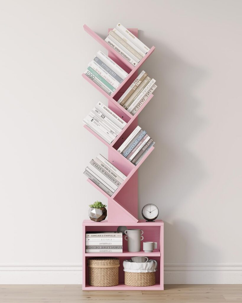 pink tree shaped bookshelf narrow 6 tier storage organizer with drawers