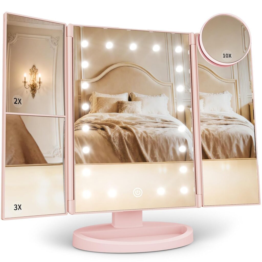 pink trifold makeup mirror with lights 2x 3x 10x magnification tabletop