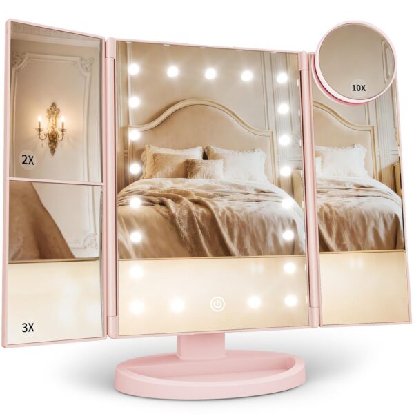pink trifold makeup mirror with lights 2x 3x 10x magnification tabletop