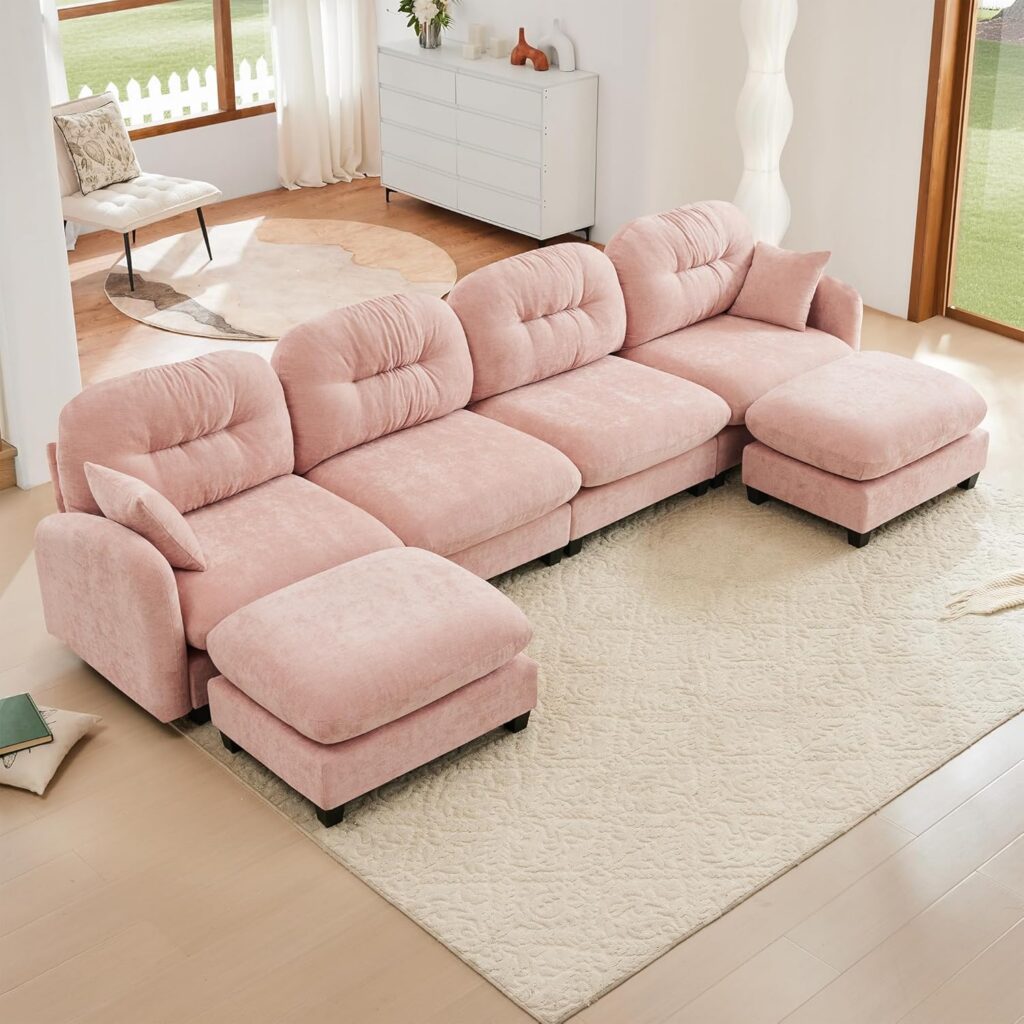 pink u shaped modular sectional sofa 140 inch chenille deep seat couch