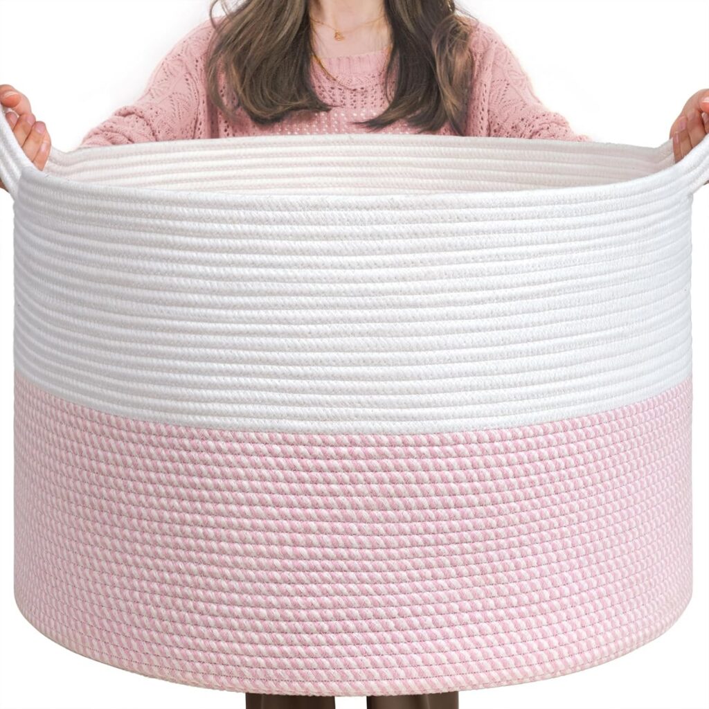 pink and white cotton rope storage basket xxl round laundry toy organizer with handles