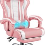 pink white gaming chair with massage lumbar support reclining ergonomic chair