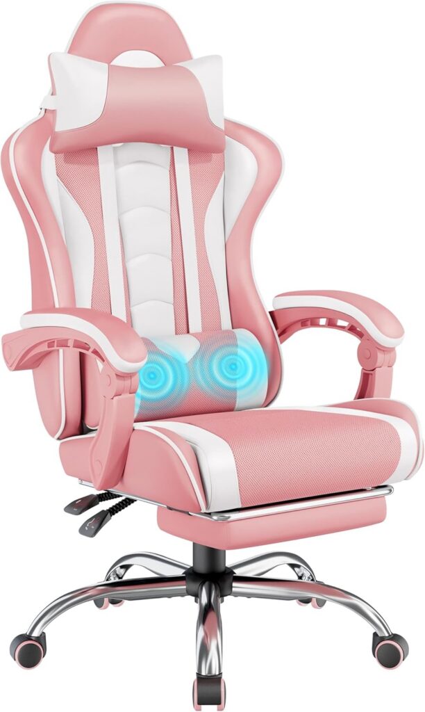pink white gaming chair with massage lumbar support reclining ergonomic chair