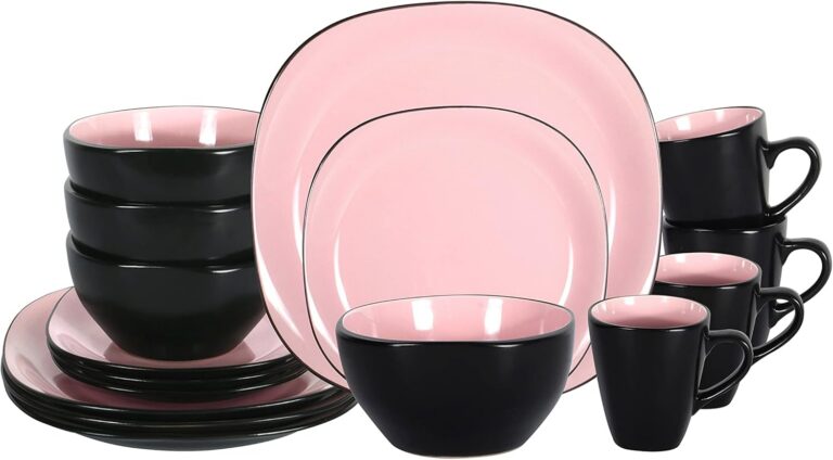 16 piece black and rose square stoneware dinnerware set for 4