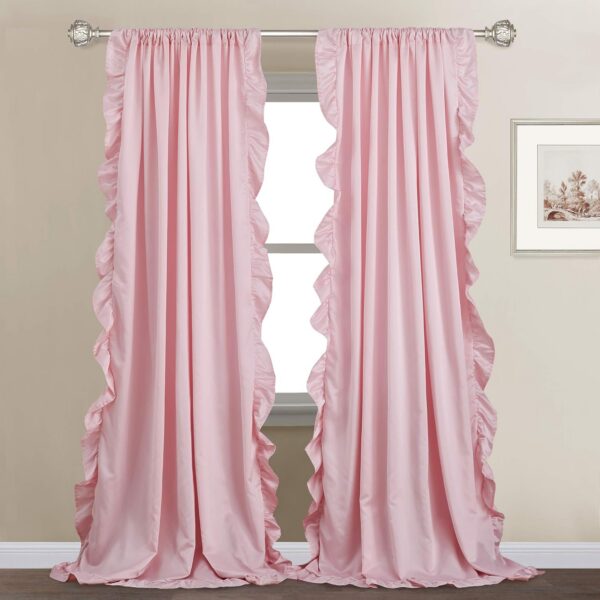 blush pink ruffle scalloped curtains light filtering faux silk feminine drapes