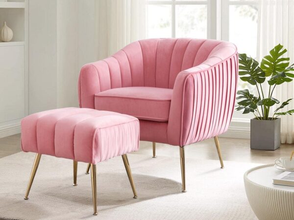 blush pink velvet accent chair with ottoman and gold legs for small spaces