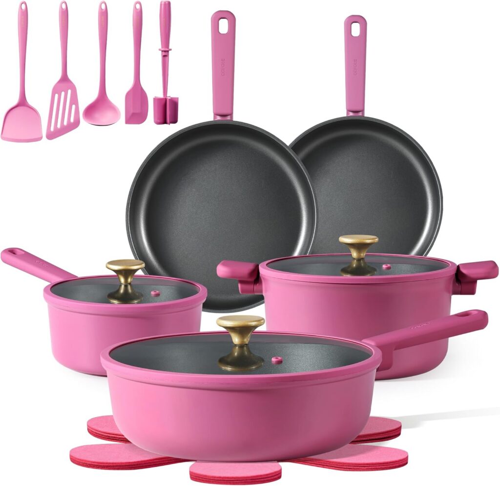 magenta nonstick cookware set pots and pans kitchen set with lids silicone utensils 16 piece