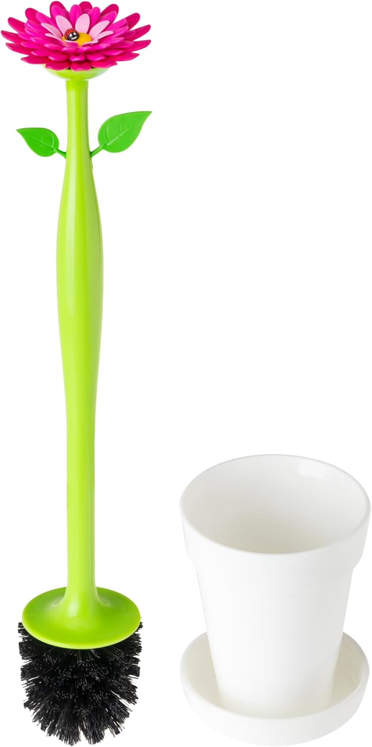 white flower power toilet brush with floral holder and saucer decorative bathroom cleaning set