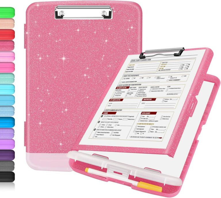 glitter rose pink clipboard with storage case pen holder cute aesthetic