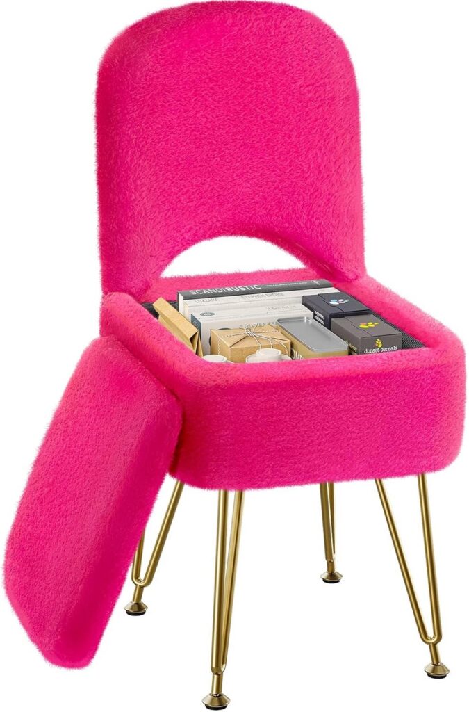hot pink faux fur vanity stool chair with folding backrest hidden storage gold legs for bedroom makeup vanity