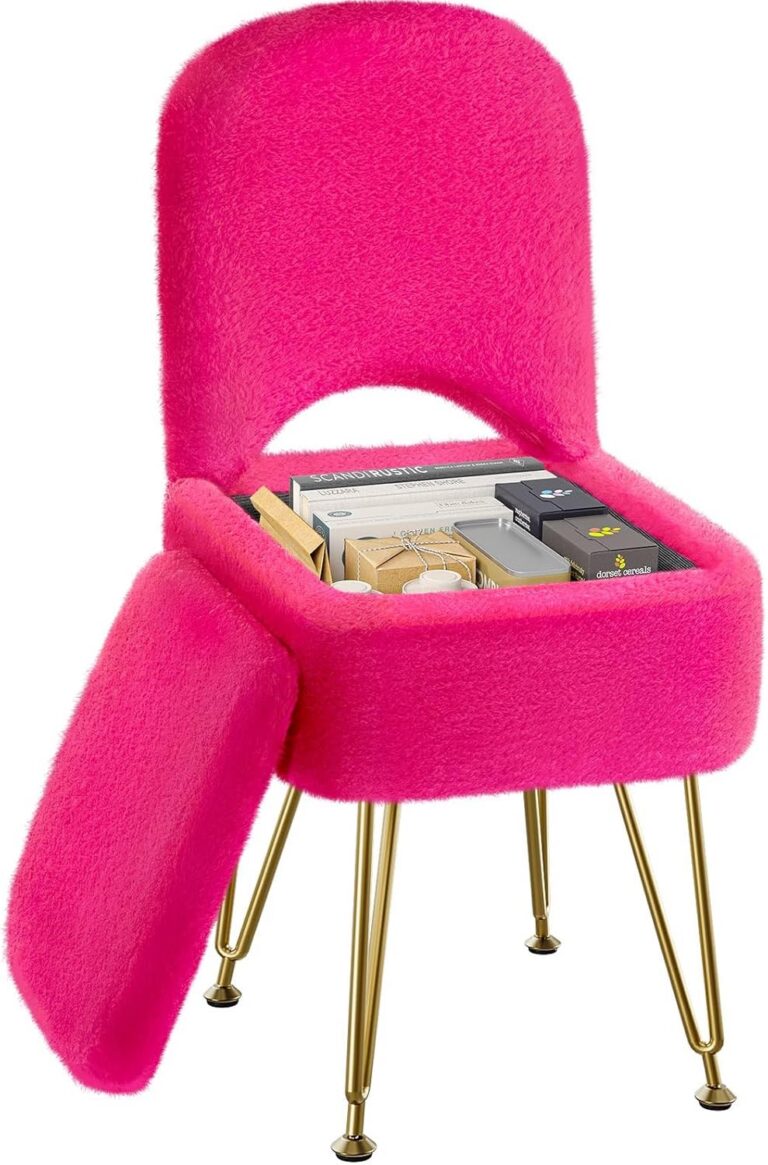 hot pink faux fur vanity stool chair with folding backrest hidden storage gold legs for bedroom makeup vanity