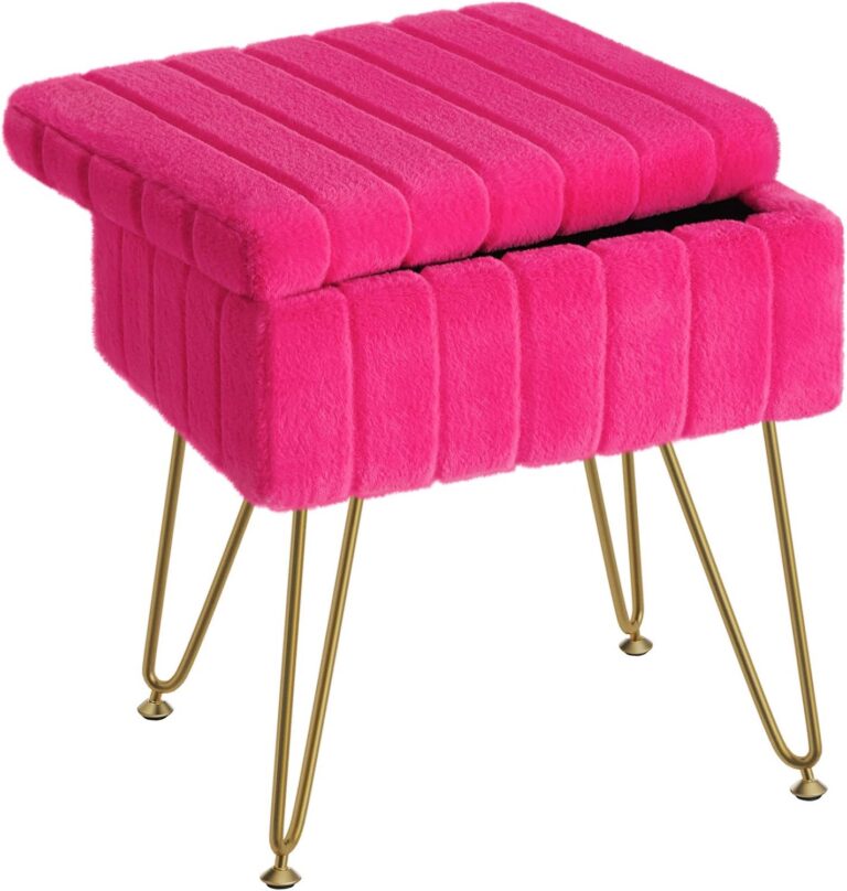hot pink faux fur vanity stool with storage and gold metal legs for bedroom makeup vanity